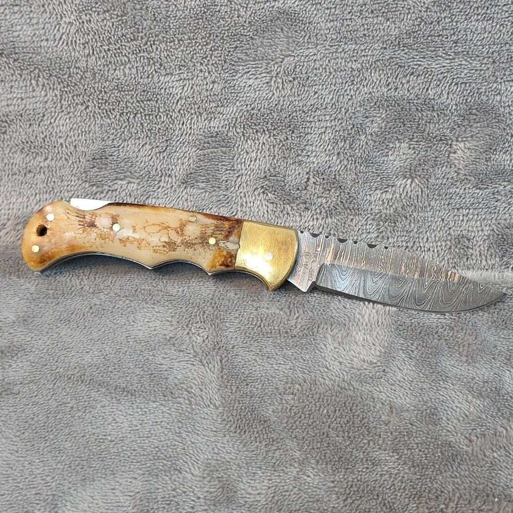 Delta Knives Damascus 3 Inch‎ Drop Point Brass Carved Skull Wings... - Picture 2 of 12